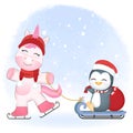 Cute little unicorn pulling penguin on sleigh, Christmas illustration Royalty Free Stock Photo