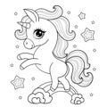 Cute little unicorn on the rainbow. Black and white linear drawing. Vector Royalty Free Stock Photo