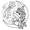 A cute little unicorn sits on the moon among the stars. Doodle style. Black and white image for coloring. Vector