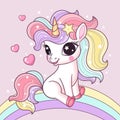 A cute little unicorn sits on a rainbow. Vector illustration