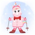 Cute little unicorn on ski, Christmas season illustration