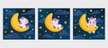 Cute little unicorn sleeping on moon in night sky set card template. Cartoon character for kids room decoration, nursery art, Royalty Free Stock Photo