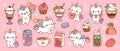 Cute little unicorns cats sweets. Sugar desserts and drinks, fruit milk and fairy animals, kawaii rainbow pets with