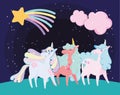Cute little unicorns rainbow hair horn shooting star clouds dream cartoon