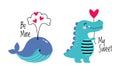 Cute Little Whale And Crocodile With Heart As Valentine Day Celebration Vector Set