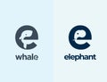 Cute Little Whale and Elephant Silhouettes Incorporated in the Letter E. Abstract Vector Logo Templates, Signs or Icons Royalty Free Stock Photo