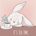 Cute little white cartoon hare with tea