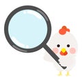 Cute little white chick holding magnifier, white chicken standing pose, front face.