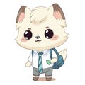 Cute little white puppy dog goes to school with school bag, cartoon chibi style, AI generative Royalty Free Stock Photo