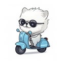 Cute little white puppy dog on motoroller, scooter, cartoon chibi style, AI generative