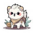 Cute little white puppy dog traveller, adventurer, cartoon chibi style, AI generative