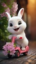Cute little white rabbit riding a toy car with flowers in the garden, Generative AI Royalty Free Stock Photo
