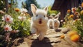 A cute little white rabbit runs around the garden with flowers.