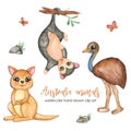 Watercolor Australian Animals Set. Kangaroo, Possum, Emu Ostrich. Little wild animals clipart, kids, design