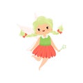 Cute Little Winged Fairy with Braids, Lovely Flying Girl Character in Fairy Costume with Magic Wand Vector Illustration