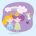 Cute little winged fairy princess and girls with crowns tale cartoon