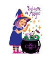 Cute little witch brew a potion in cauldron.