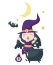 Cute little witch brewing potion in cauldron vector illustration