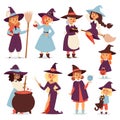 Cute little witch with broom cartoon cat for print on bag magic halloween card and fantasy young girls character in Royalty Free Stock Photo