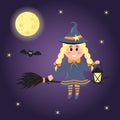 Cute little witch on a broom holding lantern. Magic blonde witch girl flying Royalty Free Stock Photo