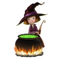 cute little witch with caldron, halloween children's illustration with funny cartoon character