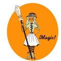 Cute little witch , cartoon magic Halloween young girl, character costume hat, illustration. Royalty Free Stock Photo