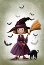 cute little witch with cat and broom, card template, halloween children's illustration with funny cartoon character Royalty Free Stock Photo