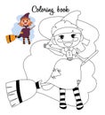 Cute little witch girl sitting on a broom. Coloring book Royalty Free Stock Photo