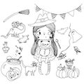 Cute little witch in a hat and with a toy bear in her hands. Coloring book for children