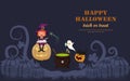 Cute little witch is reciting a charm and cooking the bubbling green witch brew with little frog, ghost, cat and carved pumpkin in Royalty Free Stock Photo