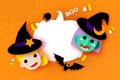 Cute Little Witch. Scary Green Skin Witch. Happy Halloween. Monsters paper cut style. Funny Trick or treat. Bat, spider Royalty Free Stock Photo