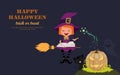 Cute little witch sitting on the flying broom with a magic wand and book of spells, reciting a charm to the pumpkin. Royalty Free Stock Photo