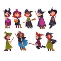Cute Little Witches Collection, Girls Wearing Dress and Hat with Brooms, Halloween Cartoon Characters Vector