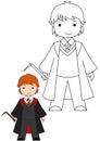 cute little Wizard with owl magic wand long coat. boy wearing winter dress. Kid with orange hair. Latest Coloring page for kids.