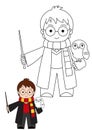 cute little Wizard with owl magic wand and muffler. boy wearing winter dress. Latest Coloring page for kids. Royalty Free Stock Photo