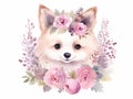 Cute little wolf portrait with flowers on white background Royalty Free Stock Photo