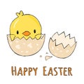 Cute little yellow chick in cracked eggs and egg shell with sign text happy easter, grunge vector graphic illustration Royalty Free Stock Photo