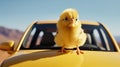 Cute little yellow chicken on the car, close-up Royalty Free Stock Photo