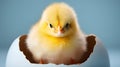 Cute little yellow chicken in an eggshell on a blue background Royalty Free Stock Photo