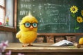 Cute little yellow chicken with glasses sitting at school desk in classroom Royalty Free Stock Photo