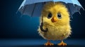 Cute little yellow chicken under an umbrella - 3D render illustration