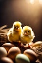 Cute little yellow chicks and eggs in nest on dark background.