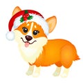 Cute little yellow dog with cap of Santa Claus teasing tongue isolated on white background. Sketch of Christmas festive