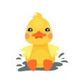 Cute little yellow duck chick character playing in a mud puddle cartoon vector Illustration Royalty Free Stock Photo