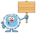 Cute Little Yeti Cartoon Mascot Character Holding To A Wooden Blank Sign