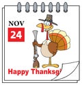 Cartoon Calendar Page With Turkey With Pilgrim Hat and Musket