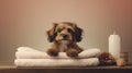 Cute little yorkshire terrier puppy sitting on a towel