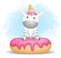 Cute little zebra sitting on the big donut Premium Vector