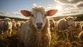 Cute livestock grazing in green meadow at sunset generated by AI