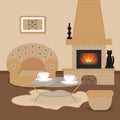 Cute living room interior design with fireplace, sofa, furniture, vase, picture with butterfly, tea table. Royalty Free Stock Photo